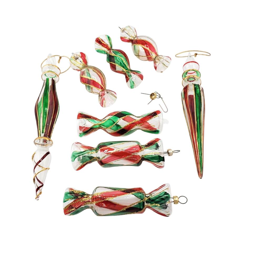 Vintage Christmas Candy Delicately Blown Glass Ornaments Set of 8 Handmade MCM
